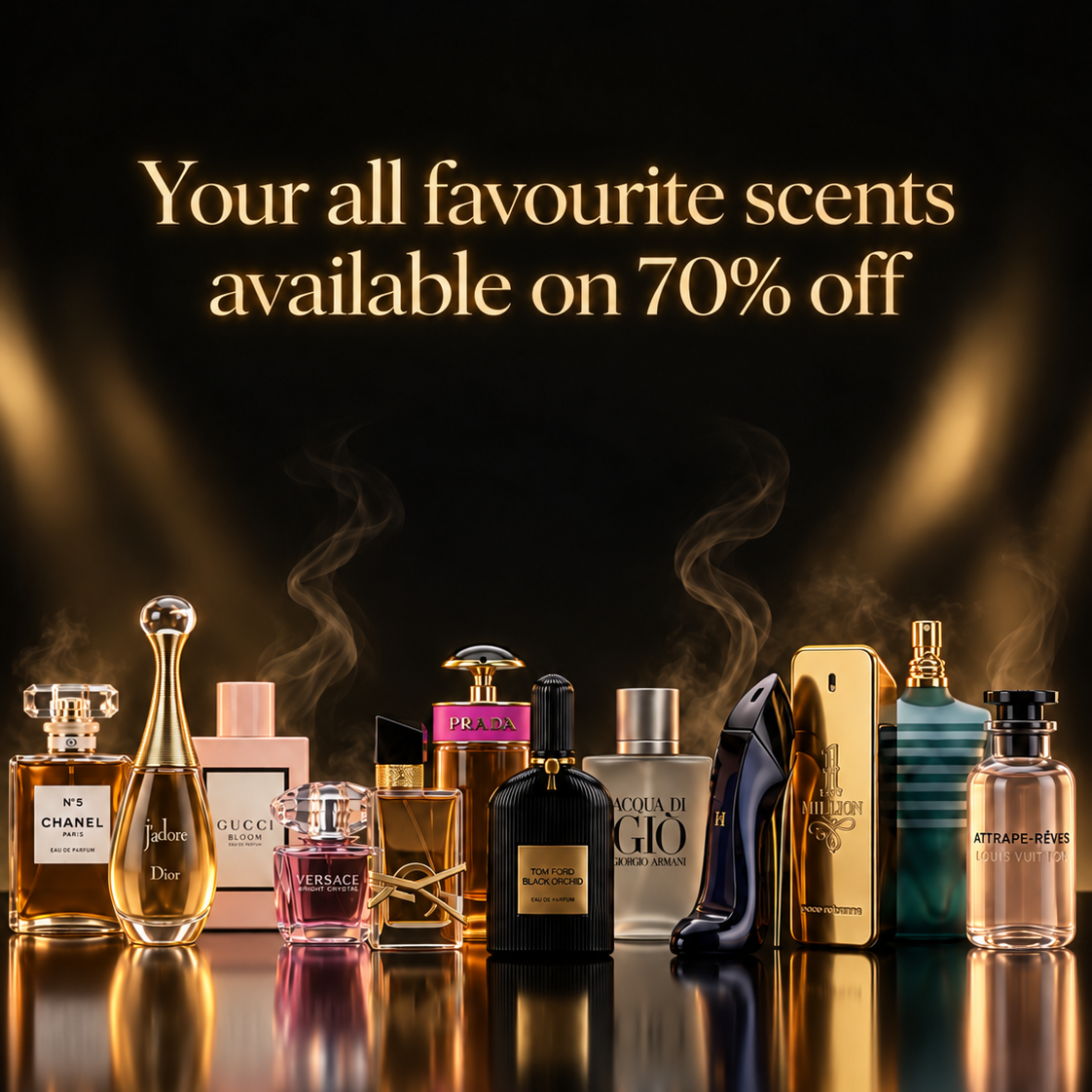 A promotional display of multiple perfume bottles and boxes on a glossy black surface against a dark background with golden spotlights and smoke. Text at the top reads, 'Your all favourite scents available on 70% off.